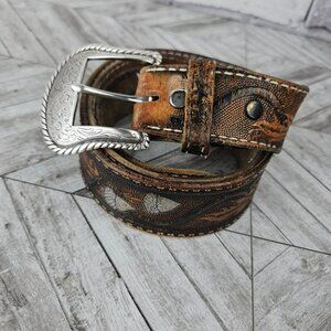 VINTAGE WESTERN BELT Brown Leather Mens M COWBOY Style Silver Tone Buckle Acorn